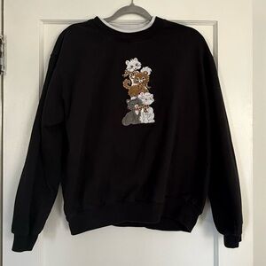 Black Sweatshirt with Cute Cat Stack Graphic
